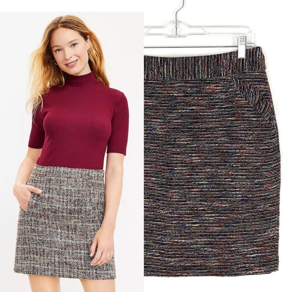 LOFT Tweed High Waist Short Skirt Pencil Straight Pockets Black Multi Color 6